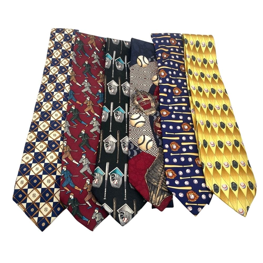 Men's Baseball Themed Ties Lot Bulk (6) Mostly Vintage